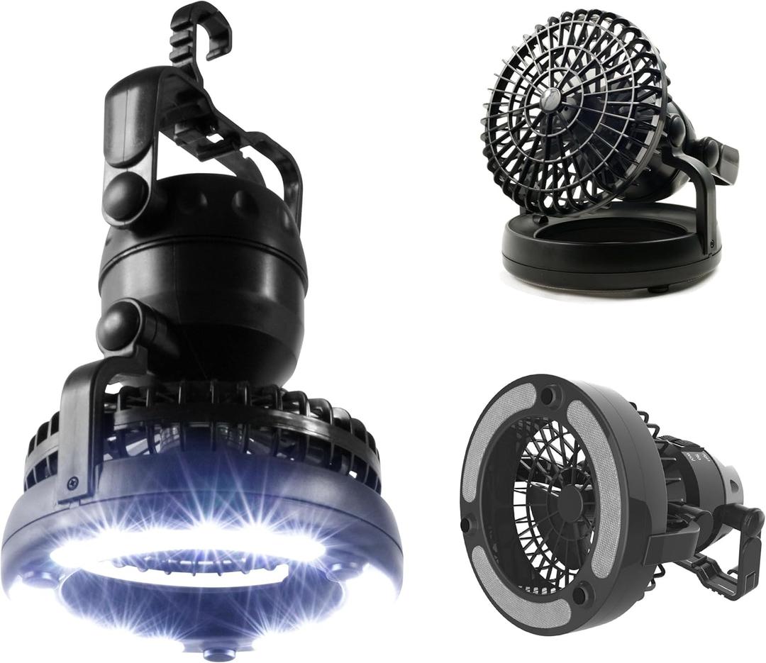 Camping Lantern with Fan - Weather-Resistant Camping Light with 18 LED Bulbs and High and Low Fan Settings - Camping Accessories by Wakeman (Black)