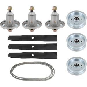 OCPTY Lawn Mower Deck Rebuild Kit 54", Mower Blade Rebuild Kit Fit for John Deere Models 190C D170 E180 G110 LA150 LA175, 1 drive belt 3 spindle assembly 3 mower blades 3 idler pulleys