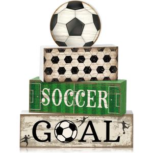 Moucuny 4 Pcs Soccer Party Decorations Soccer Table Centerpiece Football Tiered Tray Decor Wooden Ball Block Signs Gift Sports Themed Table Decorations for Boys Baby Shower Party Supplies Decor