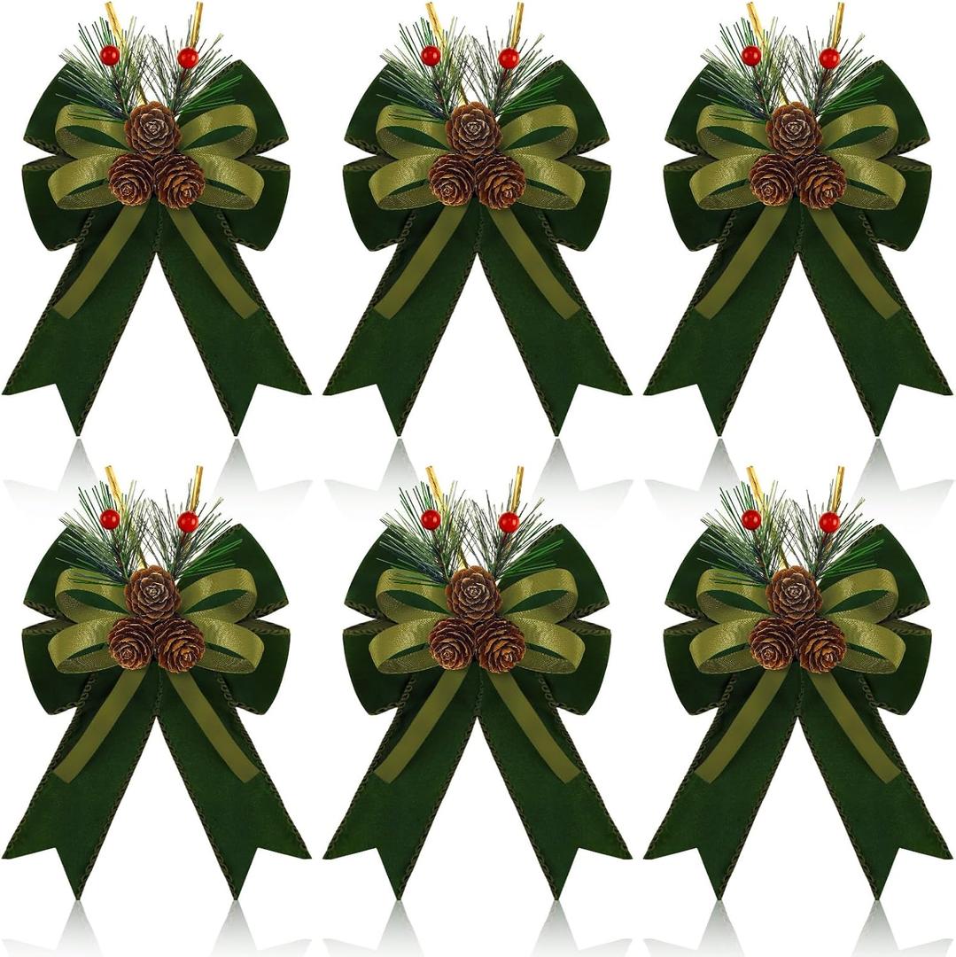Syhood 6 Pcs Christmas Bows with Pine Cones Pine Needles Xmas Velvet Bows Sage Green Ribbon Christmas Tree Wreath Decoration for Xmas Parties Indoor Outdoor Crafts DIY Decor