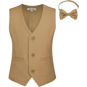 GRACE KARIN Boys 3 Button Formal Suit Vest with Tie Dark khaki 8Y, Brown