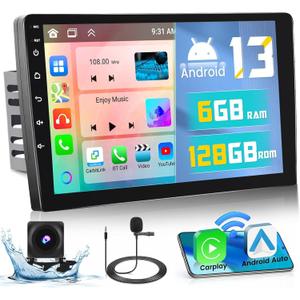 【6+128GB 8 Core】 Hikity Android 13 Car Stereo Double Din Radio with Wireless Carplay Android Auto, 9 Inch IPS Touch Screen Radio Bluetooth 5.0, GPS, WiFi, 32EQ DSP, 59 UI, SWC, Mic, AHD Backup Cam