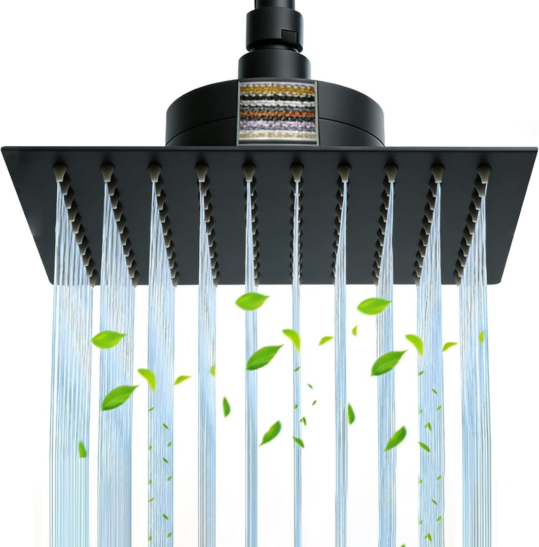 Filtered Shower Head Rainfall Showerhead with Filters Stainless Steel Reduces Chlorine and Heavy Metals Square 8 Inch Showerhead Matte Black