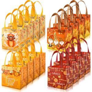 Fall Non-Woven Tote Bags Waterproof Pumpkin Turkey Gnome Party Bags with Handles Reusable Gift Bag Grocery Goodie Shopping Bag Treat Favor Bag for Autumn Thanksgiving Party Supplies, 16 Pack