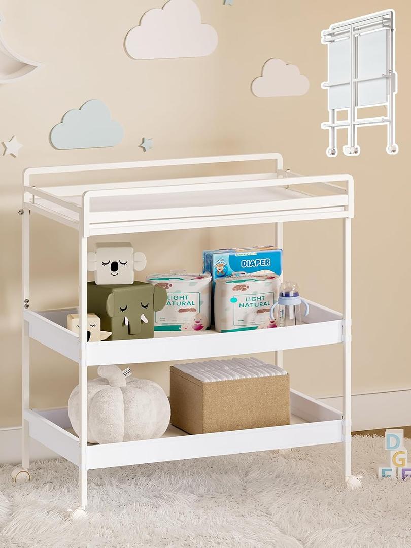 VBABY Foldable Baby Changing Table with Wheels, Certified Diaper Changing Station with Storage Drawers, 3 in 1 Portable Compact Diaper Table for Nursery, White