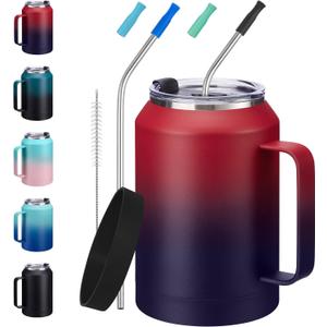 Stainless-Steel Coffee Cup 32 oz Mug Tumbler - with Handle, Straws & Protective Boot, Keep Cold 36hrs & Hot 24hrs, Insulated Tumbler Water Cup, Leak-proof Big Travel Mugs Thermal Flask Water Bottle (Ruby Purple)