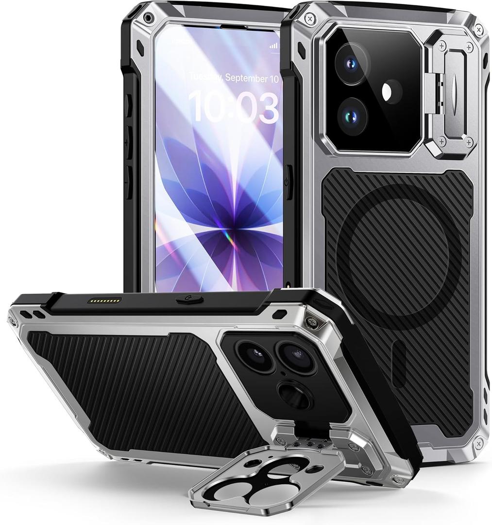Lanhiem Magnetic for iPhone 17 Metal Case, [Built-in Camera & Kickstand] Compatible with MagSafe, Heavy Duty Rugged Full Body Military Protective Cover with 9H Glass Screen Protector, 6.3", Silver