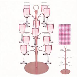 Cocktail Tree Stand for Party, Metal Drink Tower with 3 Tier 12 Holders, Bar Drinks Tree Display Wine Glasses Holder Suitable for Champagne Cocktails Martini at Christmas Weddings Bridal Shower (Rose Gold)