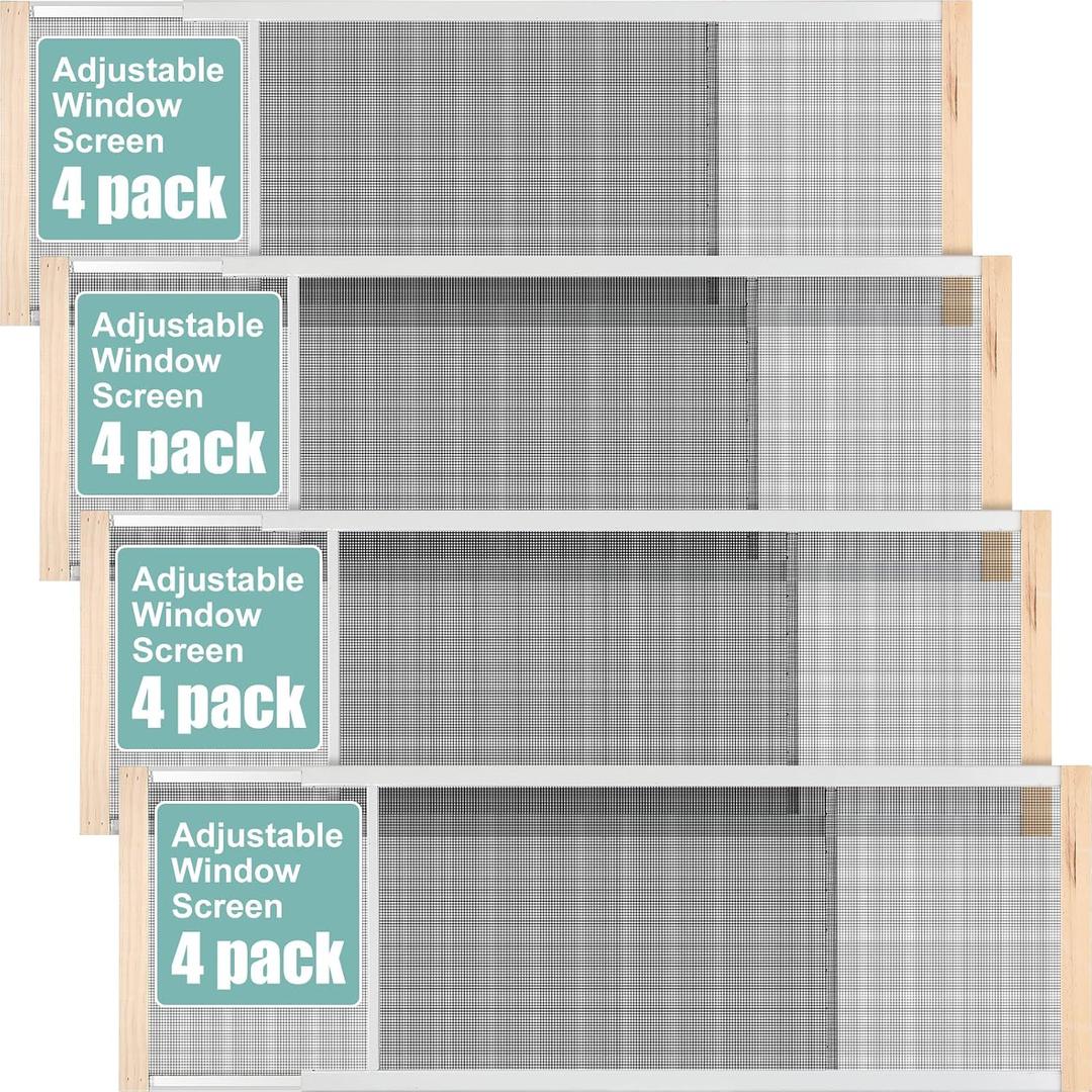 Hicarer 4 Pcs Expandable Window Screen Adjustable Sliding Window Screen Mesh with Zinc Plated Rails and Varnished Wood Ends Replacement Window Screens for Home(10 Inches High x 25-45 Inches Wide)