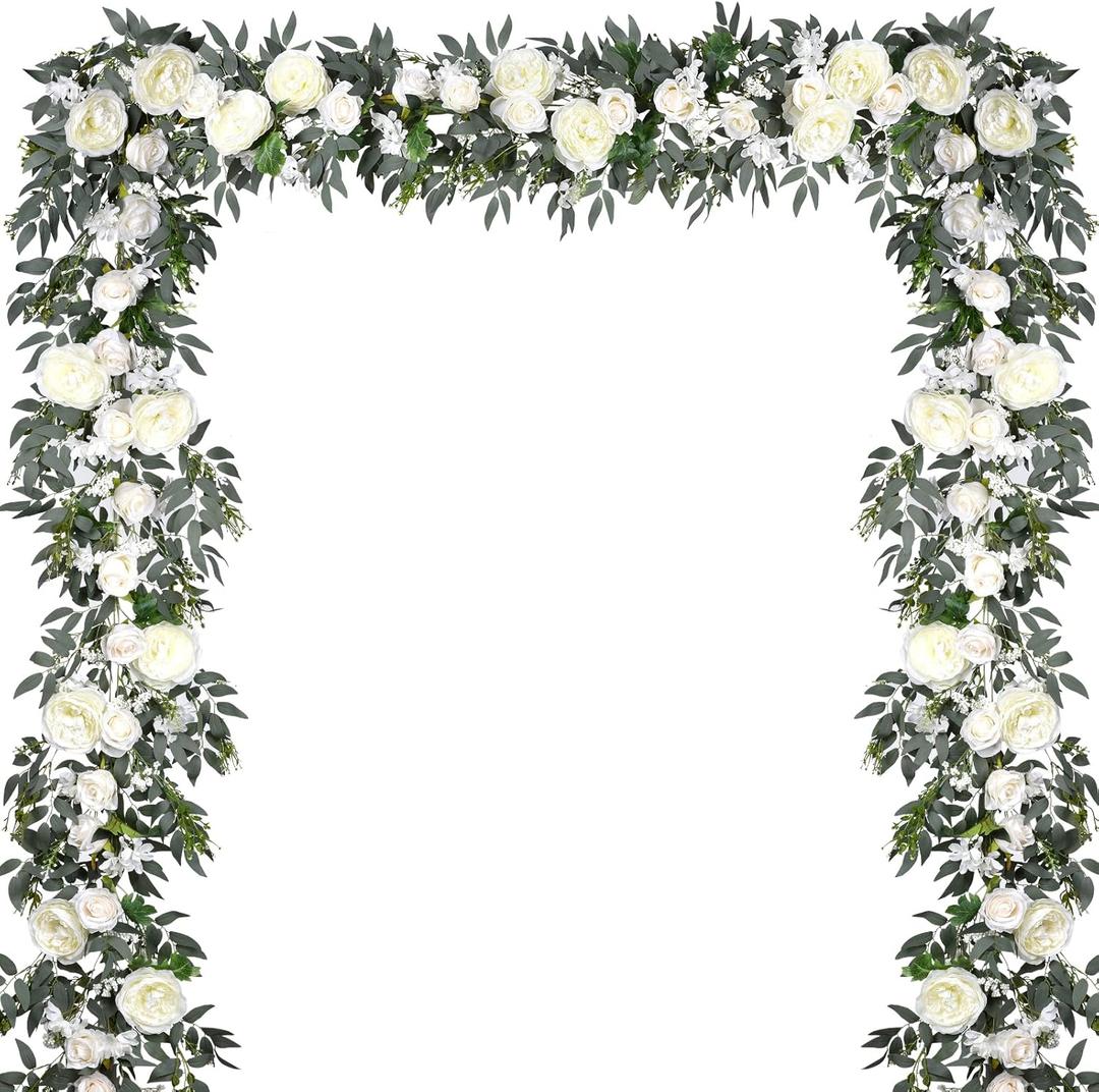 DearHouse 2Pack Artificial Peony Flower Garland - 6ft/Strand Silk Peony Flower Greenery Garland with Fake Willow Leaves for Wedding Ceremony Backdrop Party Table Centerpieces Decor (White) (White)