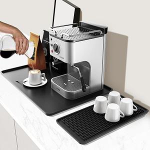 Silicone Coffee Mat with Raised Edge, 24''x16''Coffee Bar Mat with Drink Coasters Set, 2 PCs Coffee Bar Accessories Fit Under Coffee Maker Espresso Machine,Dish Drying Mat