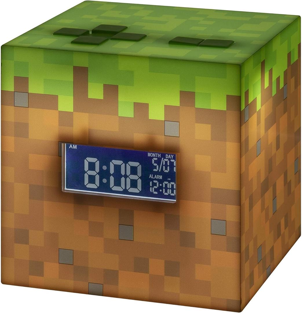 Paladone Licensed Minecraft Grass Block Digital Alarm Clock, Light Up Lamp Plays Official in Game Music, Bedroom Decor for Minecraft Gamers, Tweens and Kids - Minecraft Gift