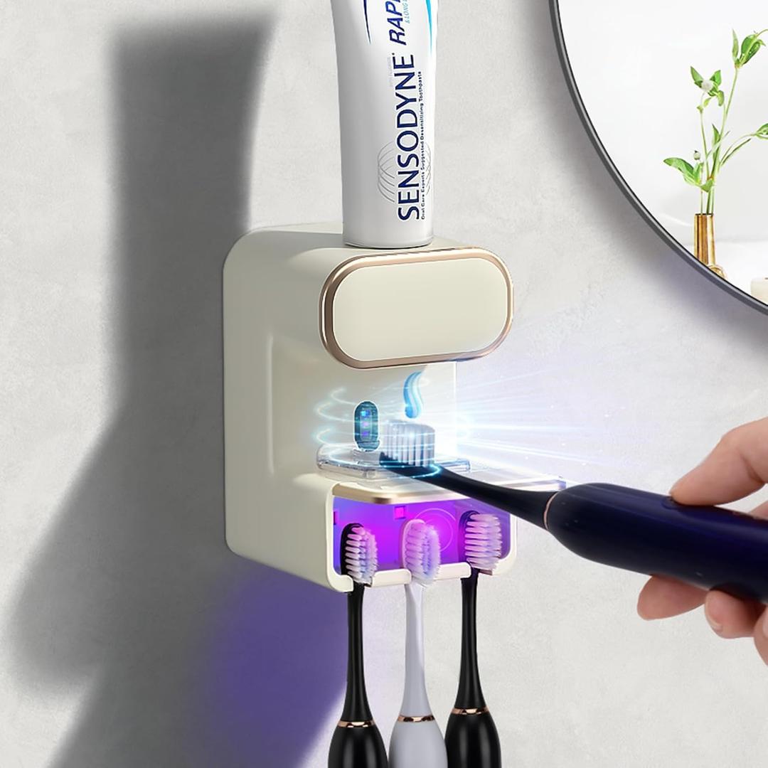 Automatic Electric Toothpaste Dispenser, Wall Mounted with 3 Toothbrush Slots, for Kids and Adults (Beige)