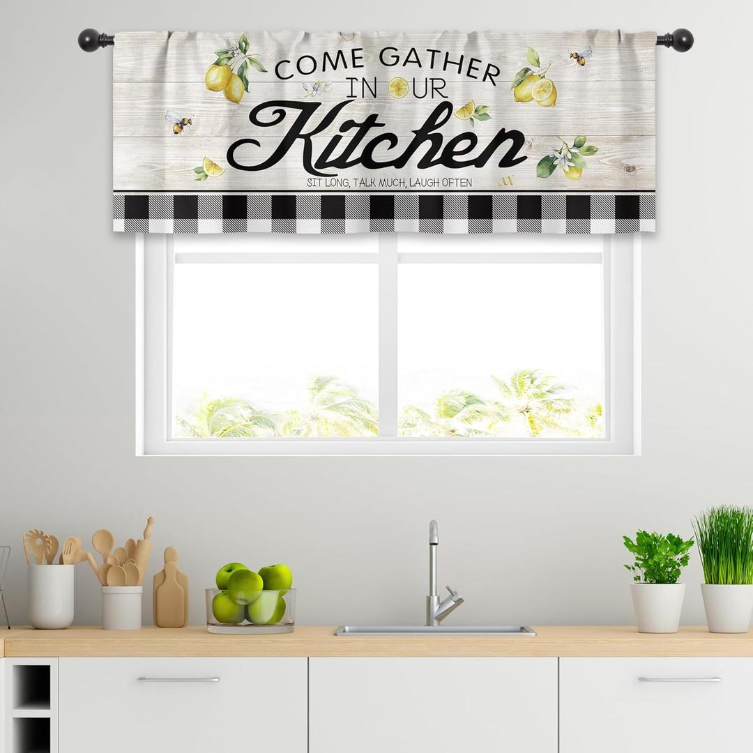 Cinbloo Lemon Valance for Windows Rustic Curtains for Kitchen 52Wx18H Inch Rod Pocket Farmhouse Decor Wood Black White Buffalo Plaid Country Small Window Drapes Fabric 1 Panel