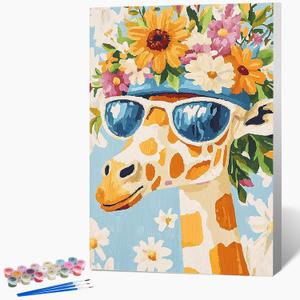 Possoco Framed Paint by Numbers Kit for Adults Beginner & Kids Ages 8-12, Animals Giraffe Adult Paint by Number Kits on Canvas, DIY Acrylic Number Painting for Teens for Home Decor 8x12 Inch (DG-OP-F-GiraffeWreath-2030)