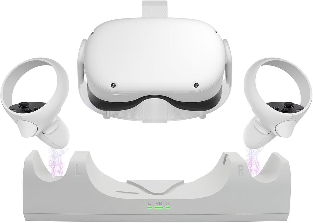 VR Charger Dock for Quest 2 Accessories, Station Stand for Charging Meta/Oculus Quest 2 Controller Headset with Elite Strap Attached (Includes 2 x 2100mAh Rechargeable Batteries)