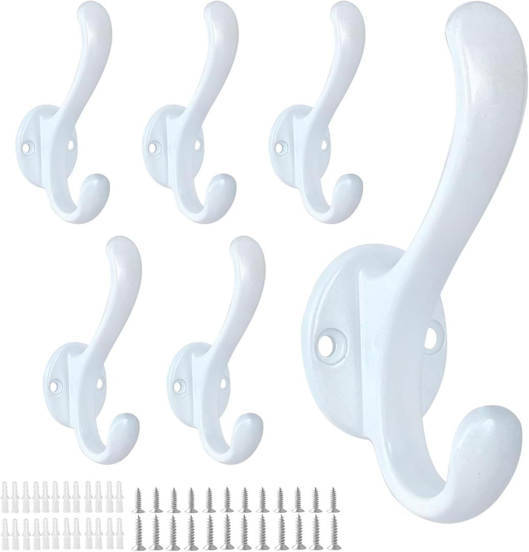 6 Pack Coat Hooks Wall Mount Heavy Duty Utility Retro Double Hooks for Hanging Coats,Hat, Towel, Key, Robe, Scarf, Bag, Cap (White)