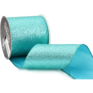 DINDOSAL Teal Glitter Wired Ribbon 4" x 10 Yards Sparkling Teal Christmas Tree Ribbon for Bows Making, Wreaths and Garlands, Home Decor, Gift Wrapping, Swag, Front Porch, Mailbox