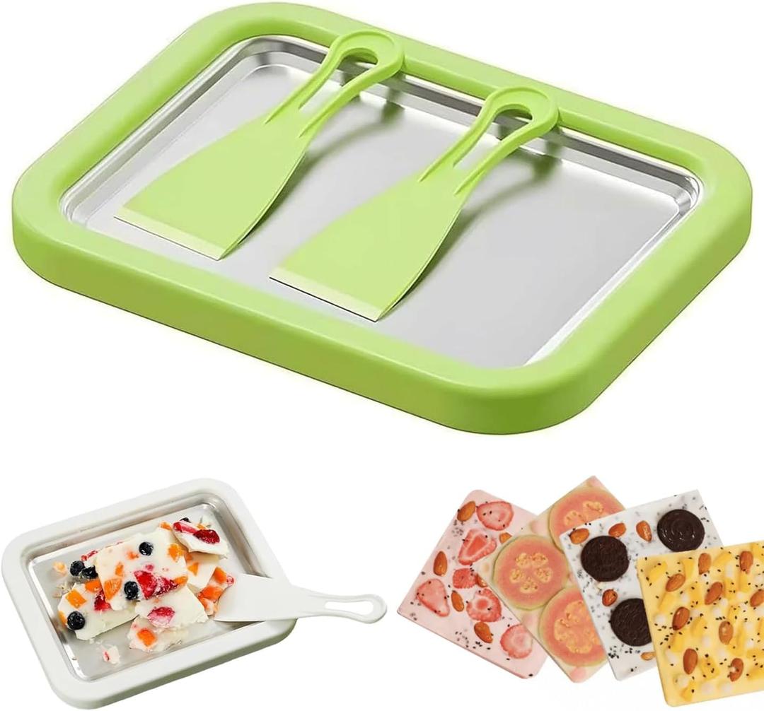 Rolled Ice Cream Maker Kit for Home, DIY Ice Cream Roll Pan with Scrapers, No Machine Required, Fun Ice Cream Maker for Kids, Family, Parties and Summer Desserts (Green, M-8.85x6.88 inch)