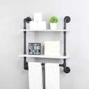 MBQQ Iron Pipe Shelves Industrial Bathroom Shelves with Towel bar,24in Rustic Metal Pipe Floating Shelves Pipe Wall Shelf,2 Tier Industrial Shelf Wall Mounted, Black & White