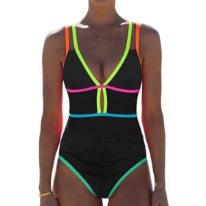popvil Women One Piece Swimsuit 2025 Tummy Control Sexy Cutout Neon Color Block Bathing Suit Deep V Neck Adjustable Swimwear (Medium, Black)