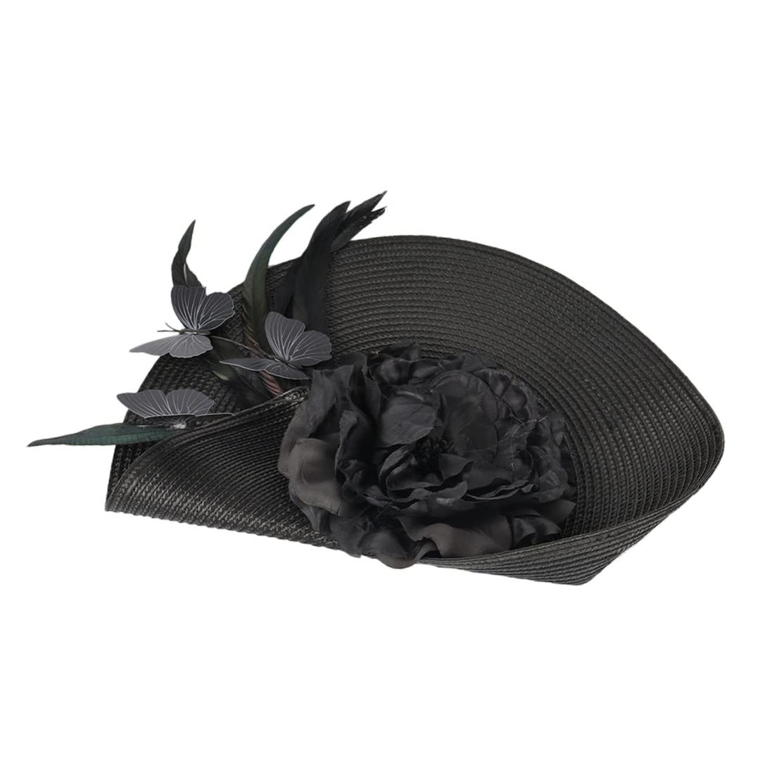 Straw Wide Brim Hat Women Fascinators Sets for Tea Party Exaggerated Butterfly Headband Headdress Fashionable Hair Accessories (One Size, Black)