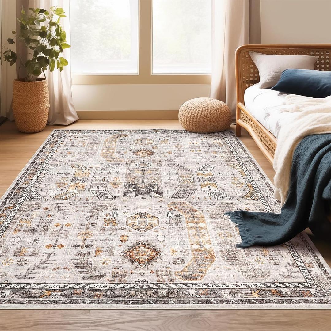 Madane Area Rug 4x6 Washable Rugs: Vintage Living Room Rug Soft Low Pile Non Slip Area Rugs Distressed Indoor Floor Carpet for Bedroom Kitchen Dining Room Home Decor, Brown/Gold