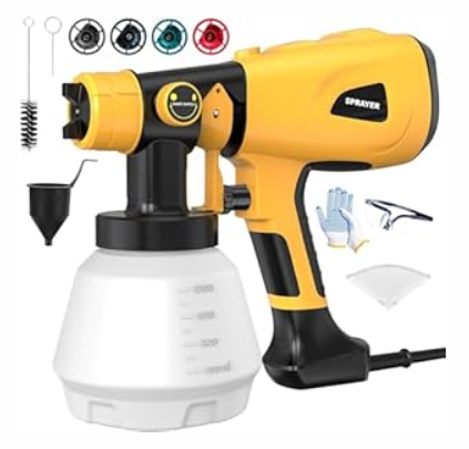 Paint Sprayer 1000W High Power Electric Spray Paint Gun with Adjustable Spray Width Knob 4 Nozzles and 3 Patterns Easy to Clean for Furniture Home Interior House Painting Yellow