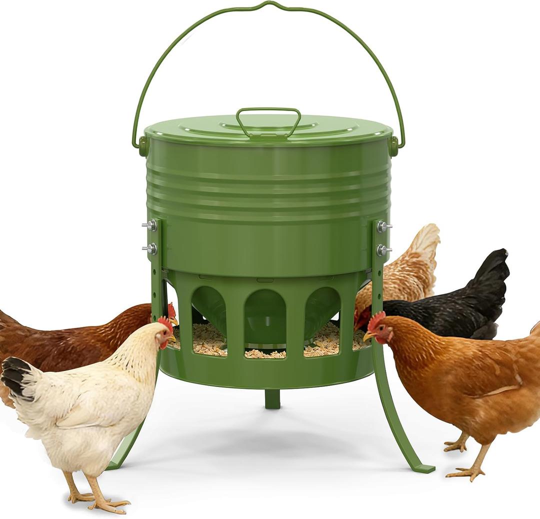 Metal Chicken Feeder No Waste, 20 Lbs Large Automatic Chicken Feeder with 12 Ports, Adjustable Height Poultry Feeder with Lid & Handle, Rat Proof Rust Proof Feed Box for Poultry & Backyard Chickens