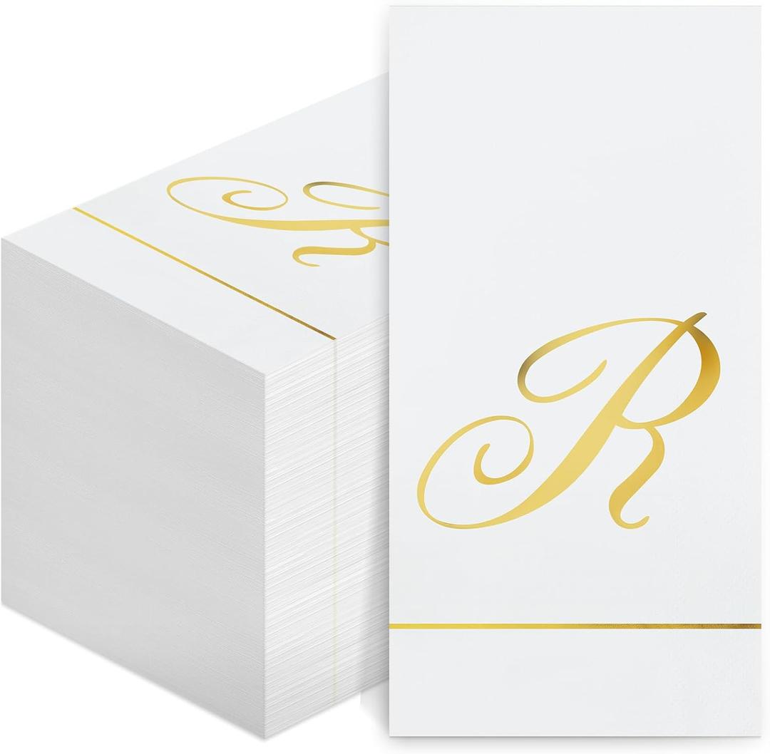Pasimy 100 Pcs Initial Napkins Monogram Guest Napkins Gold Letter Paper Towels Disposable Elegant Dinner Towels for Wedding Bridal Shower Holiday Birthday Party Tableware Decor(R Letter)