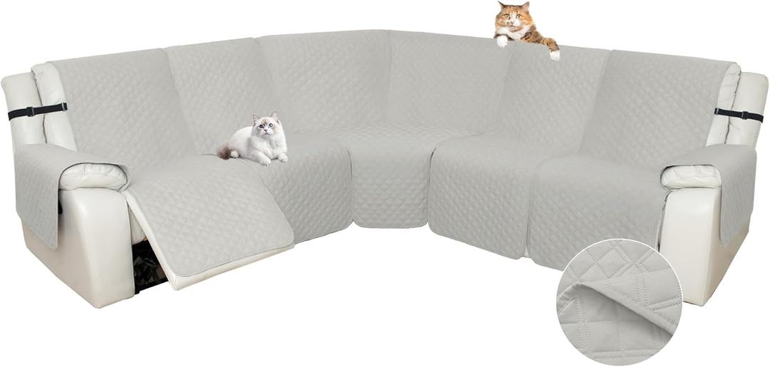 Arfntevss Sectional Recliner Couch Covers for Reclining Sectional Corner Sofa Cover for Dog Washable L Shaped Recliner Slipcover Sets 7-Piece U Shape Non Slip Furniture Protector (Large, Light Grey)