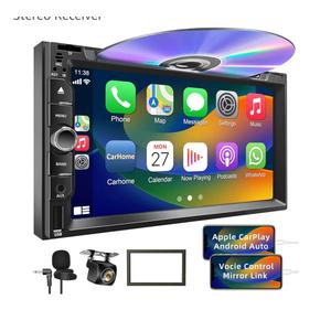 Double Din Car Stereo with Carplay&Android Auto,7 Inch HD Touchscreen Car Radio Support CD DVD Player,Bluetooth,Backup Camera,Mirror Link,SWC,Subwoofer,USB/TF/AUX Input, AM/FM Car Stereo Receiver
