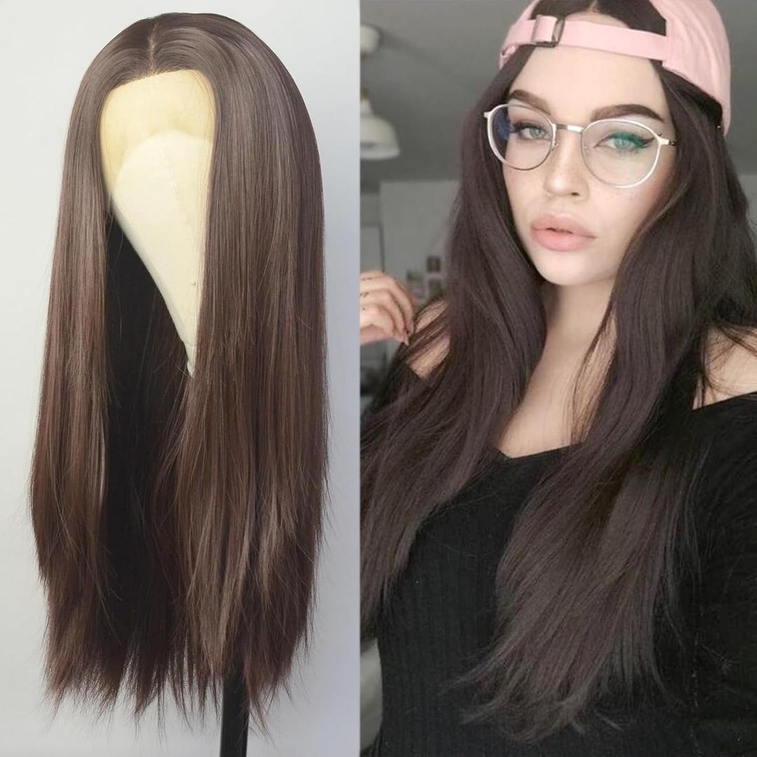 Luwigs Dark Brown Lace Front Wigs Synthetic T Lace Long Straight Chocolate Brown Synthetic Hair Replacement Wigs for Black Women 22 inch Daily Wear Party Cosplay (T-Part Lace, Dark Brown,Straight)