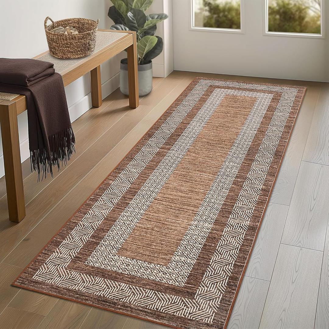 GarveeHome Washable 2.5x10 Kitchen Runner Rug, Easy Clean Geometri Rugs for Hallway Entryway, Indoor Outdoor Non Slip Rug Farmhouse Morden Carpet Door Mat Area Rug for Laundry Room Dark Brown
