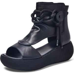 Women's High Top Leather Sandals Open Toe Boot Sandals for Women (Size 8, Black)