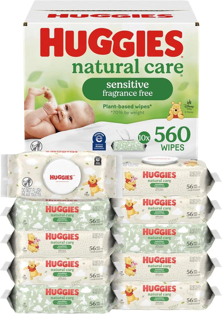 Huggies Natural Care Sensitive Baby Wipes, Unscented, Hypoallergenic, 99% Purified Water, 10 Flip-Top Packs (560 Wipes Total)