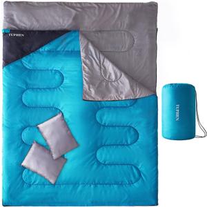 Tuphen Double Sleeping Bag, Sleeping Bag with 2 Pillows, Queen Size XL Bag for 2 People, Cold Warm Weather- 3 Seasons, Waterproof Adults for Camping, Backpacking or Hiking