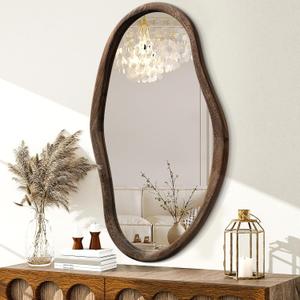 JJUUYOU Asymmetrical Mirror Irregular Bathroom Wall Mirror 34"x22" Large Wooden Frame Modern Hanging Mirrors Wall Mirrors for Makeup Bathroom Living Room Brown