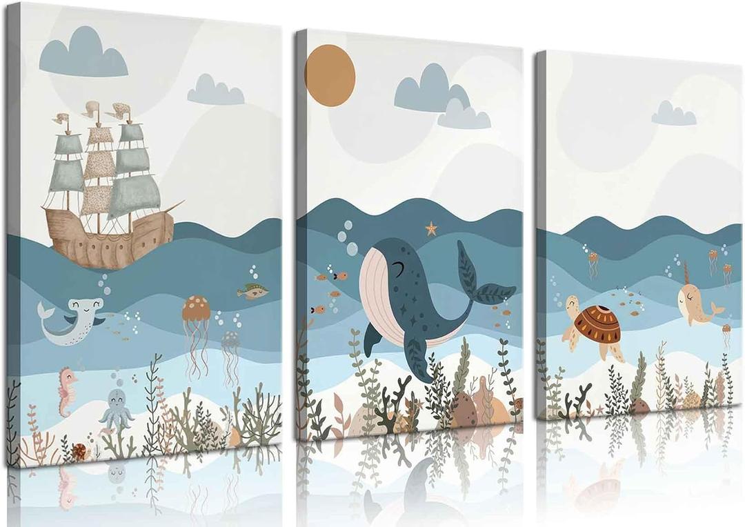 3Pcs Nautical Nursery Canvas Wall Art Blue Beach Animal Wall Decor Pictures Ocean Kids Room Sea Whale Prints for Baby Boys Girl Children's Room Bedroom Decoration, 16x24 Inch