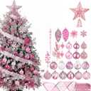 Realspring 100 Pcs Christmas Tree Decoration Set Christmas Hanging Ornaments Balls Glitter Flowers Star Toppers Snowflakes Ribbons Xmas Ornaments for Home Tree Party Decor (Glitter Pink)