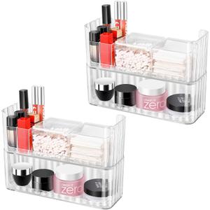 4-Tier Medicine Cabinet Shelves Organizer, Stackable Makeup Organizer Tray, Transparent Cosmetic Display Case with Lip Gloss Holders & Cotton Swab Pad Boxes, for Bathroom Cabinet Wall, Counter, Vanity