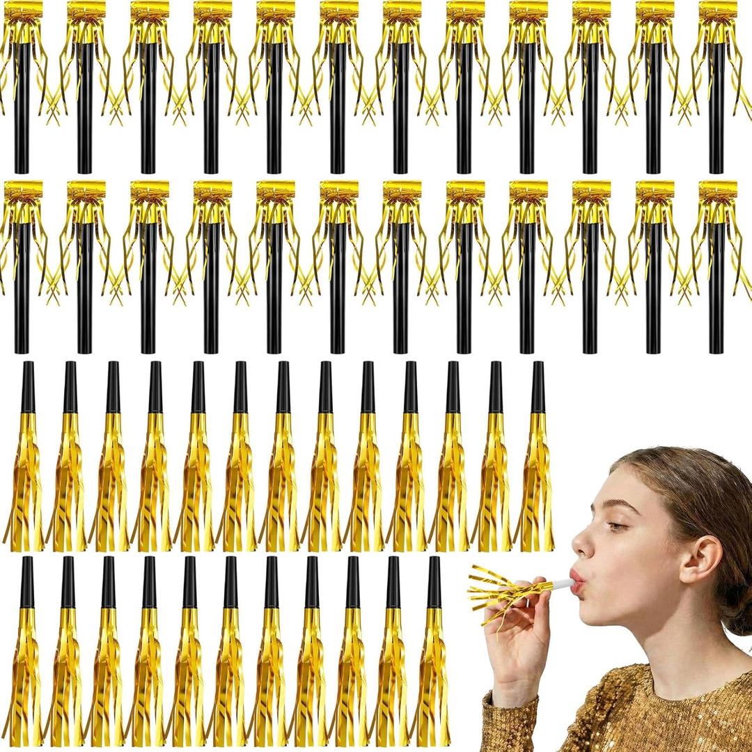 Skylety 48 Pcs Noise Makers Glitter Noise Makers Metallic Fringed Party Blowers Noisemakers Horns for Adults Birthday Graduation Sporting Events 2026 New Years Party Favor Supplies (Gold)