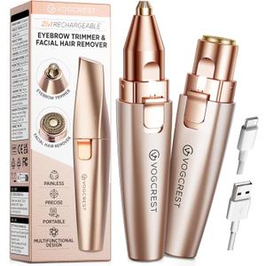 VG VOGCREST Eyebrow & Facial Trimmer: 2 in1 Rechargeable Facial Hair Removal & Eyebrow Shaver - Body Razor with Built-in LED Light (Rose Gold)