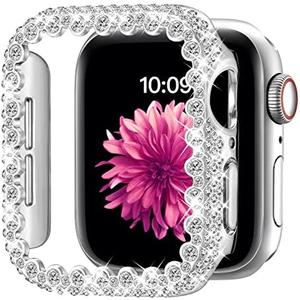 Bling Bumper Case Compatible with Apple Watch Series 6/5/4/SE/SE2 44mm, Diamond Protective Face Cover for Women, Hard PC Frame Protector for iWatch 44mm Silver