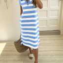 Mieazom Women's Striped Summer Dress Casual Lapel Collared V Neck Sleeveless Side Slit Midi Dresses Loose Fit with Pockets (Blue, XL)