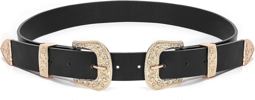 XZQTIVE Women Leather Belt Ladies Vintage Western Belt Retro Cowgirl Leather Belt Black Waist Belt for Pants Jeans Dresses (Black)