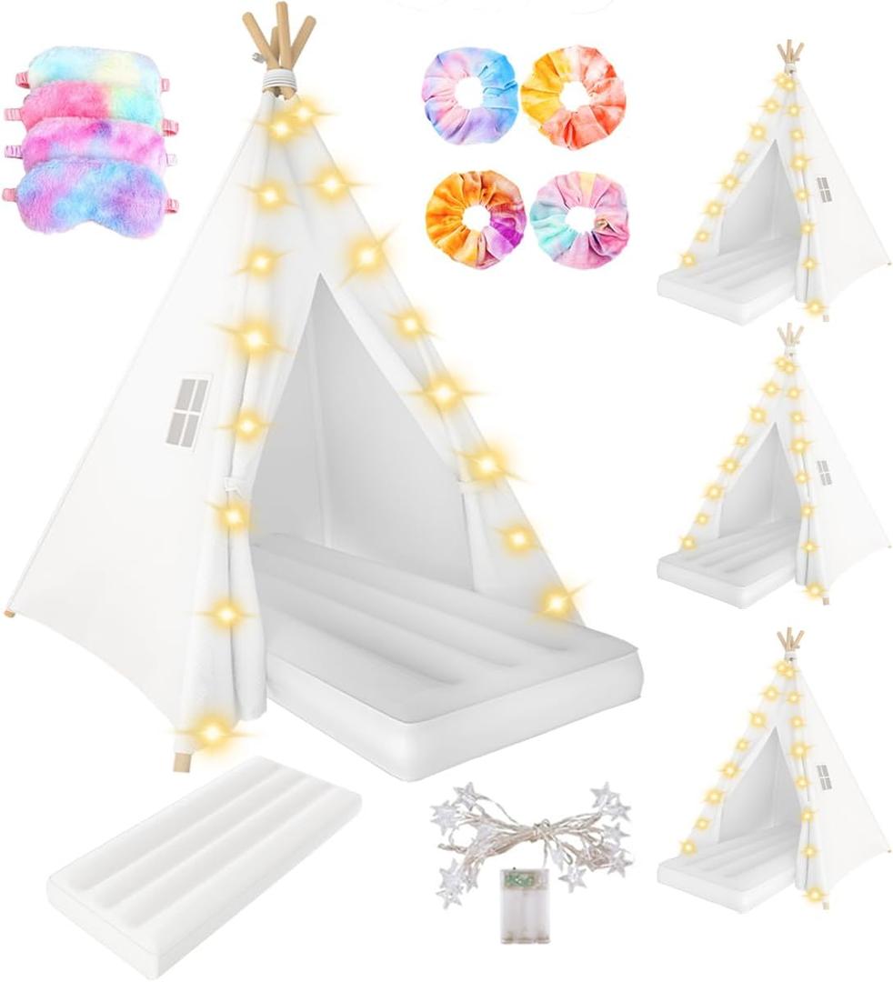 4 Pack Teepee Tent for Kids Slumber Party, Sleepover Tents for Girls Party, Kids Play Tent with Inflatable Airbed, Hair Ties, Sleep Mask and Star Lights, Indoor Playhouse Tents for Boys and Girls