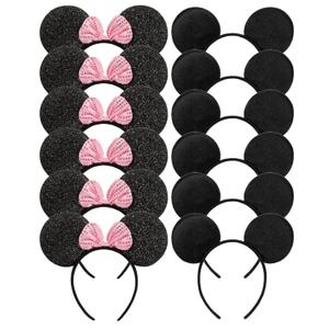CHuangQi Mouse Ears Solid Black and Pink Sequins Bow, Set of 12