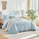 Blue Ruffle Quilt Set Full/Queen Size, 3 Pieces Shabby Chic Farmhouse Striped Bedspread Coverlet Set, Solid Lightweight Soft Microfiber Bed Cover for All Season (1 Ruffled Quilt + 2 Pillow Shams)