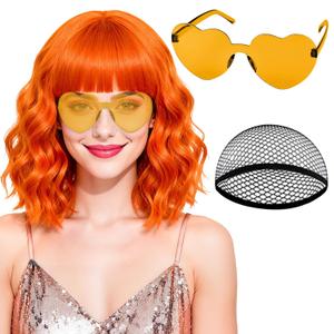 PLULON Orange Wavy Bob Wigs with Bangs Heart Sunglasses Hair Cap for Women, Colored Synthetic Hair Short Bob Loose Curly Shoulder Length Wigs for Costume Bachelorette Party Music Festival